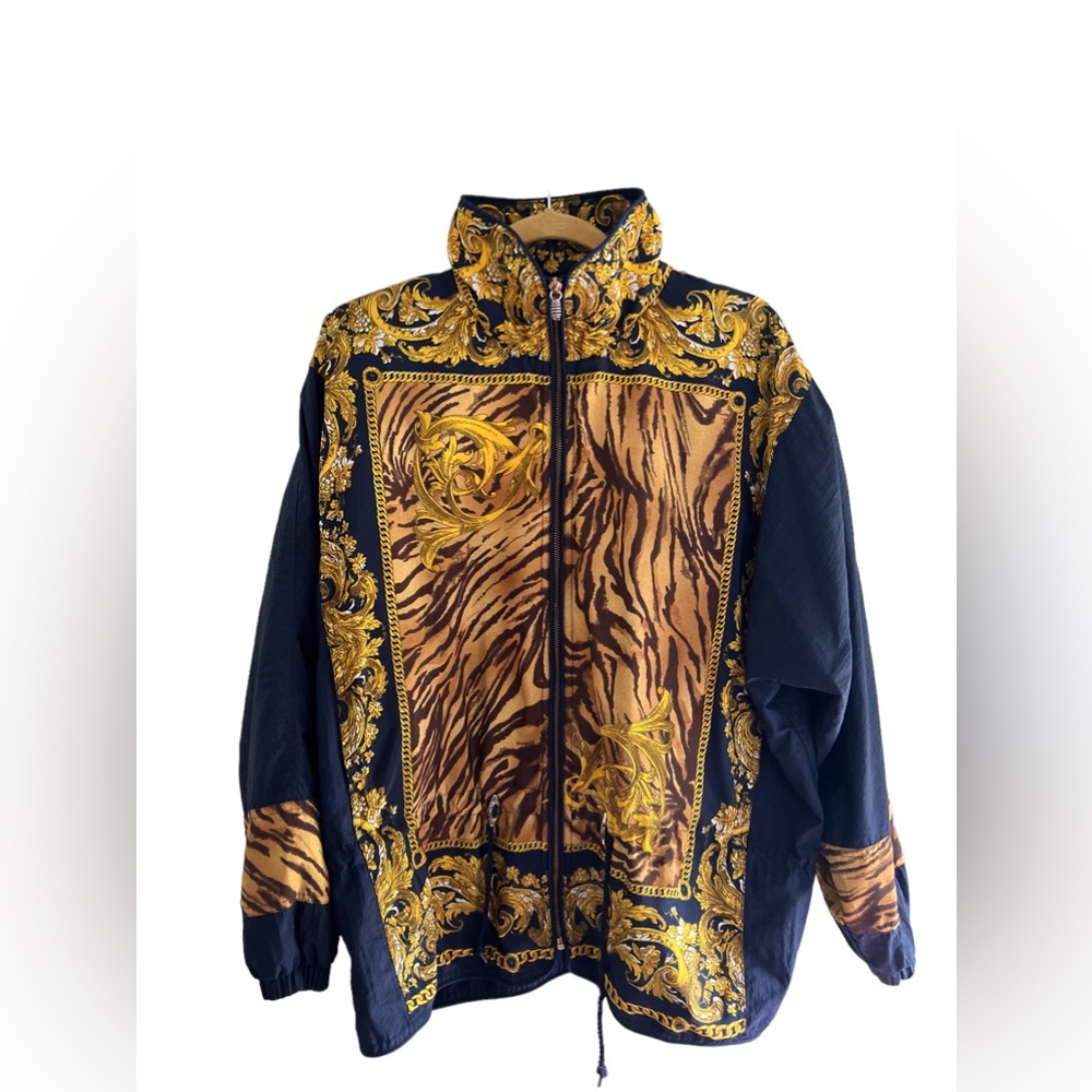 VTG Leopard Gold Scroll Blue Full Zip Windbreaker Jacket Sz M Winterset